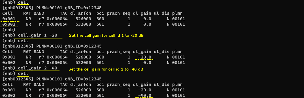 Commandline enb cell gain 01